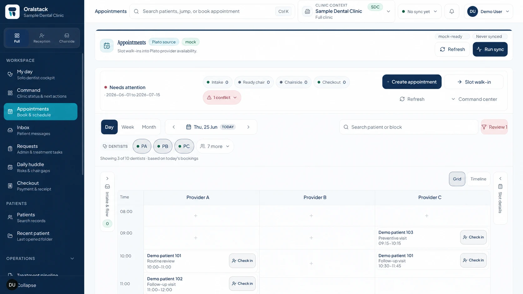 Anonymised Oralstack appointment view using synthetic clinic, provider, patient, and appointment data